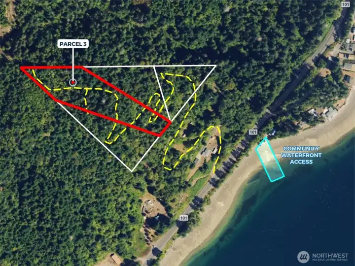 Overhead view with approximate boundaries of subject property in red and yellow dotted lines represents approximate access route.