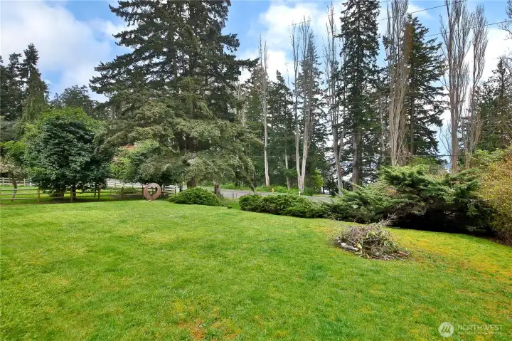 The front yard looks over North Bluff Road towards Holmes Harbor.