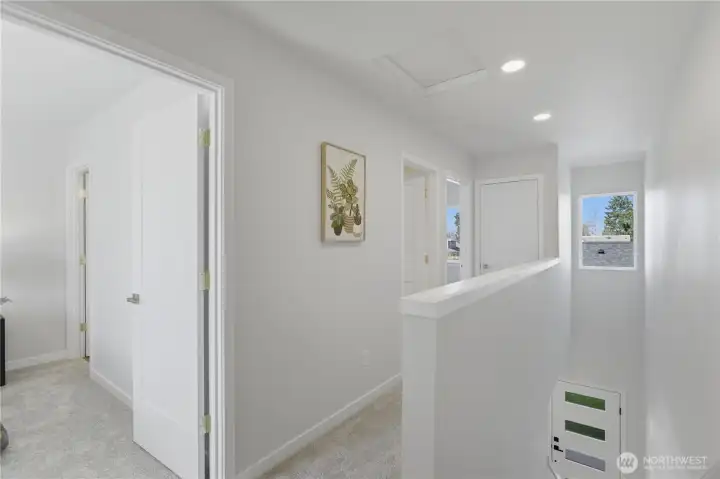 Upstairs hallway with clean finishes and efficient layout Upstairs hallway with clean finishes and efficient layout