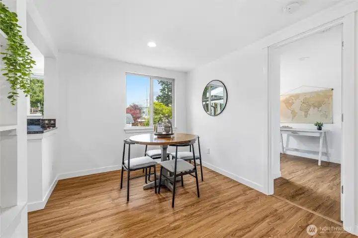 There is a small bedroom off of the dining area. There is a small bedroom off of the dining area.