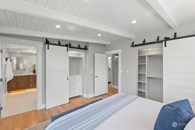 The primary bedroom closets have custom built-in storage.  The relaxing room & ensuite are on the main level.