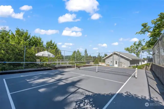 Pickleball lovers will enjoy this private pickleball court.  No more reserving a court, just head to your backyard!!  There's even elevated seating on the side court for spectators and a shaded deck just outside the court.