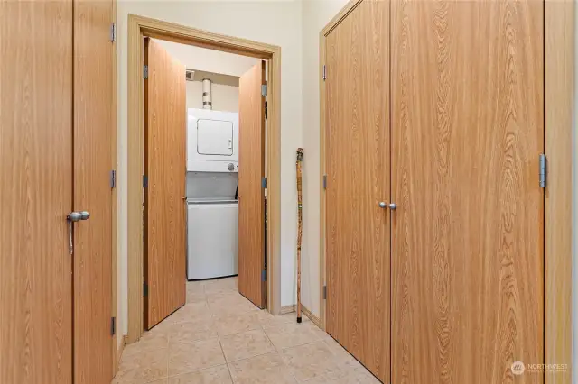 Large coat closet on the left and pantry on the right.