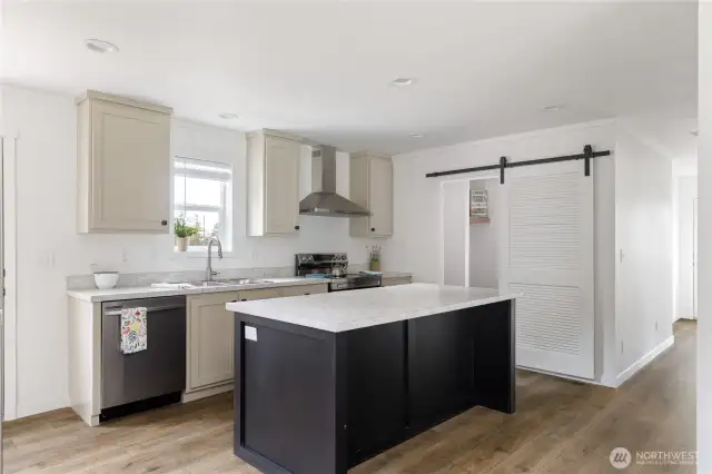 Wonderful Kitchen with large center Island, all New.  Behind barn door is pantry, utility room and mechanical closet