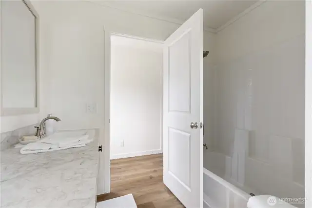Main bath showing shower / tub combination