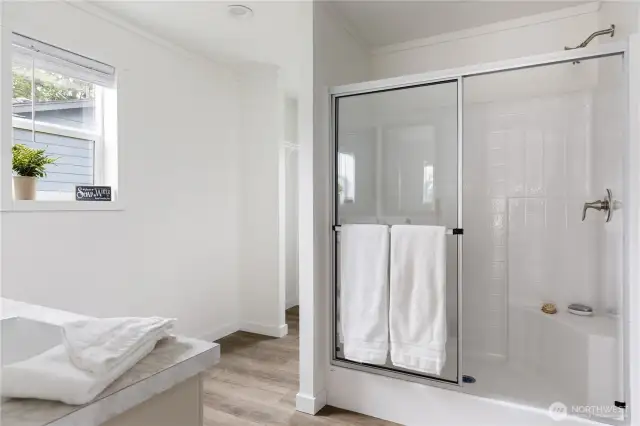 Primary bath.  Glass shower doors and lots of light.  Walk in closet is around the back side of the tub / shower.
