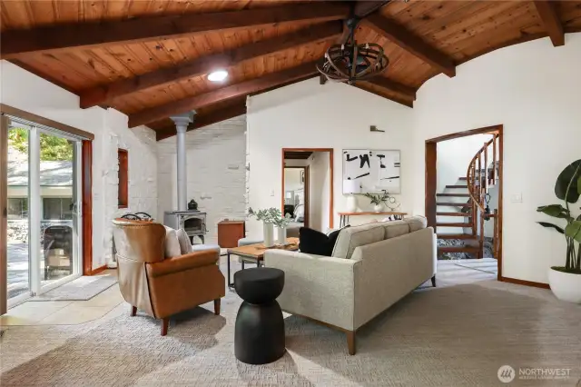 Gracious living room with cozy wood-burning stove.