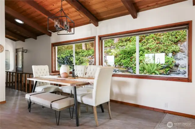 Dining area with huge view windows to the cascading waterfall