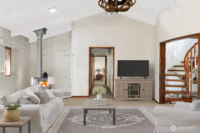 Virtual renovation shows how the living room would look if the ceilings were whitewashed.