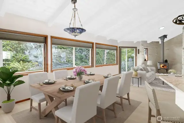 Virtual renovation shows how the great room would look if the ceilings were whitewashed.