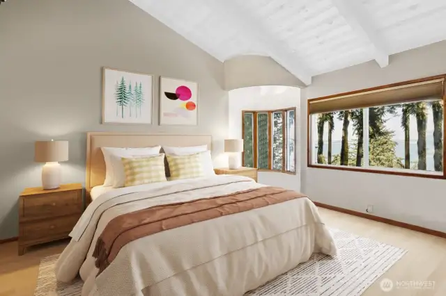 Virtual renovation shows how the primary bedroom would look if the ceilings were whitewashed.