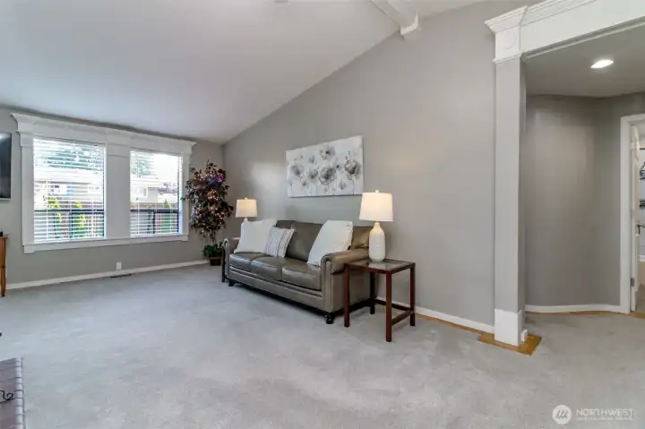 Vaulted Ceilings and light fill this room.