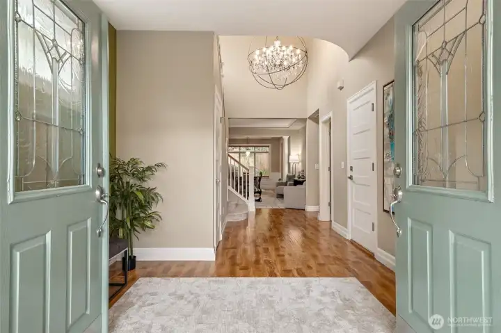 This home has an elegant French door entrance.