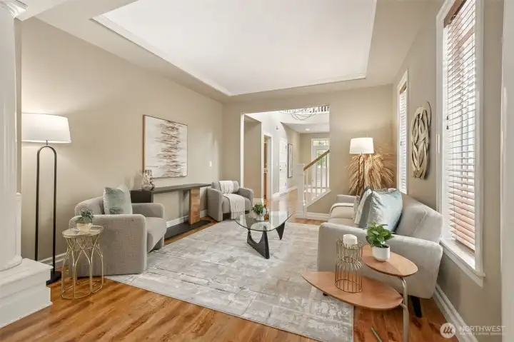 Enjoy the tray ceiling in the living room.