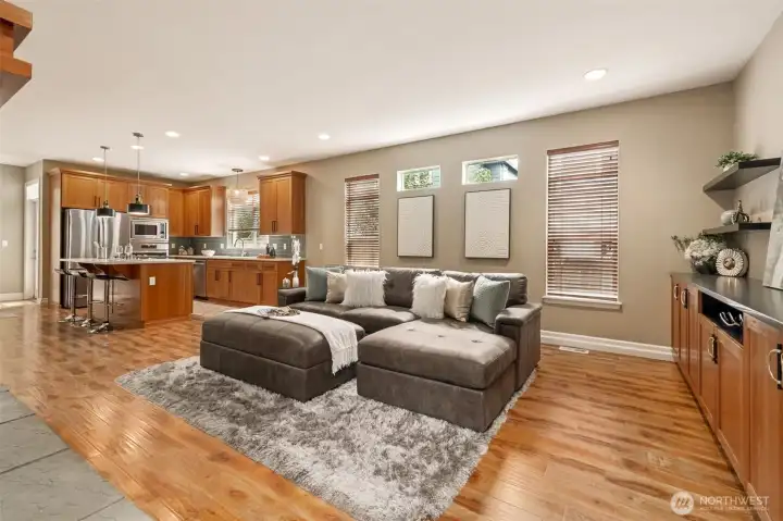 The family room has wonderful built-ins with natural stone counters.