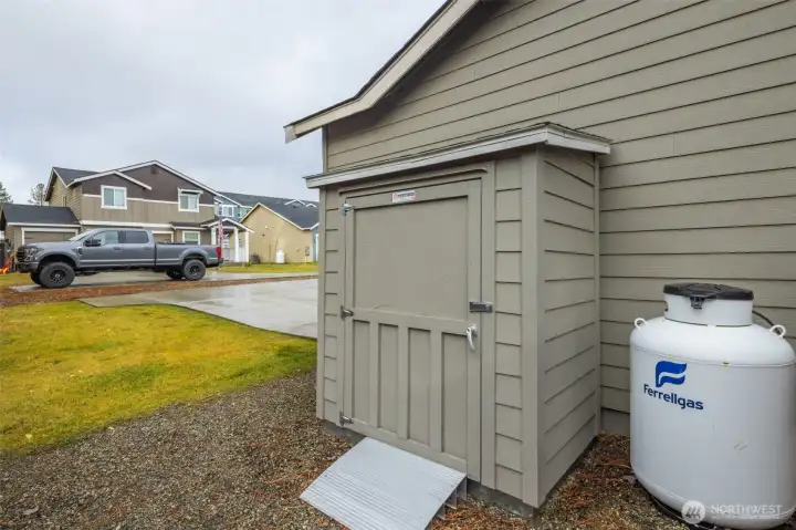 Storage shed on side of house