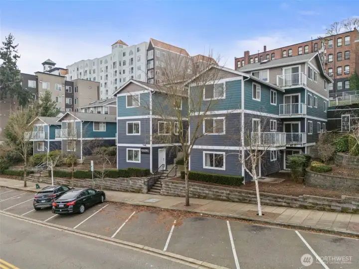 Front of condo view. Off street parking available. Permits available through City of Tacoma for a low annual fee.