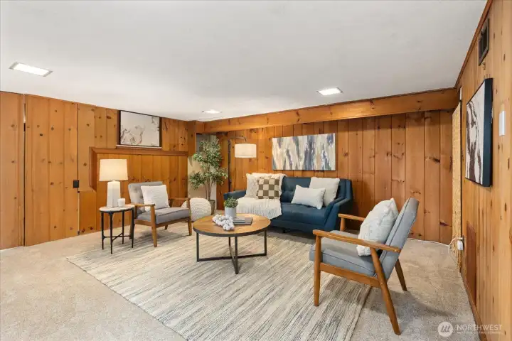 The lower level features a large rec room