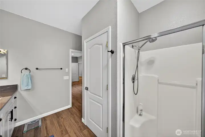Here is the Primary Bathroom with a large linen closet for convenient storage.