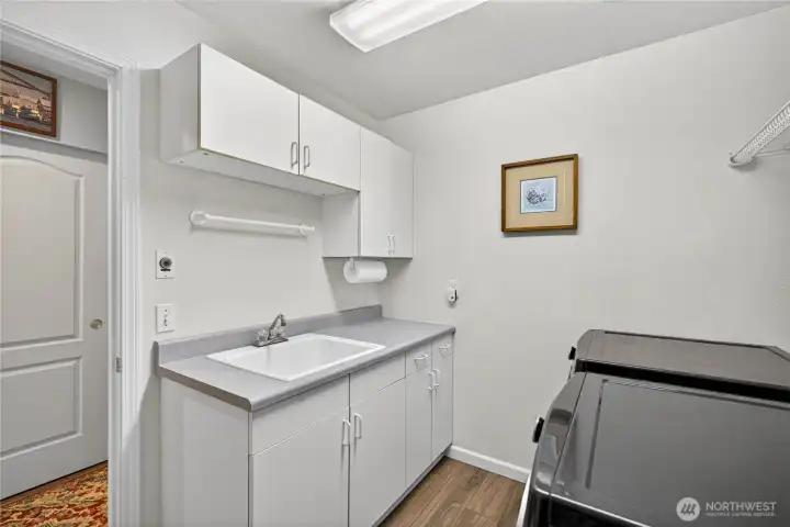 This is the Utility Room, second door on the right.  The Garage door is on the right.