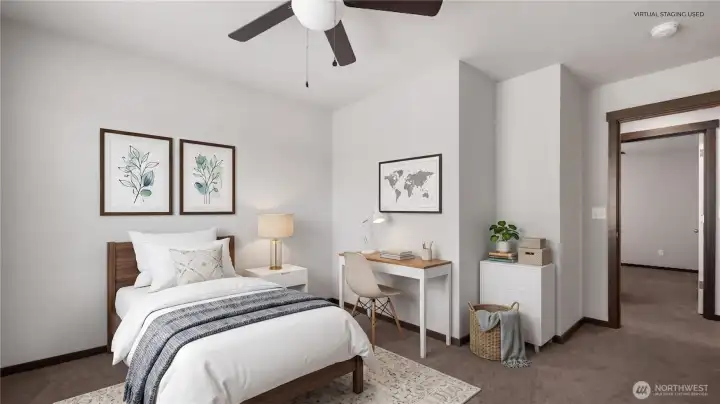 Set up with warmth and personality, this room makes it easy to imagine how each bedroom can take on its own purpose, style, and story. Virtual staging used