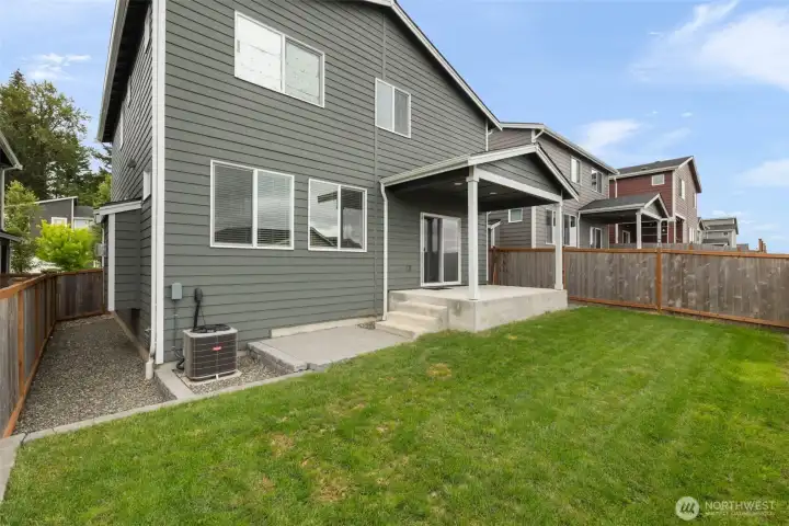 This is outdoor space with common sense built in: covered patio, fenced yard, manageable lawn, and sprinklers that help keep things green without adding more to your weekend list.