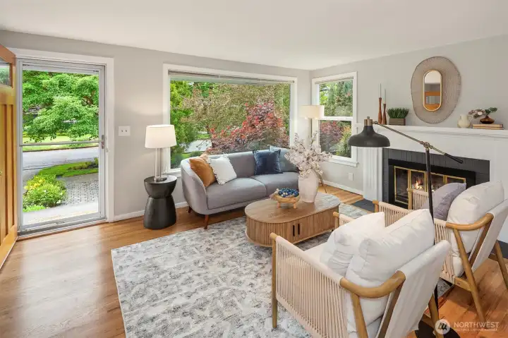 Entry living room with fireplace.