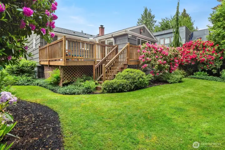 Main level deck has stairs to back yard