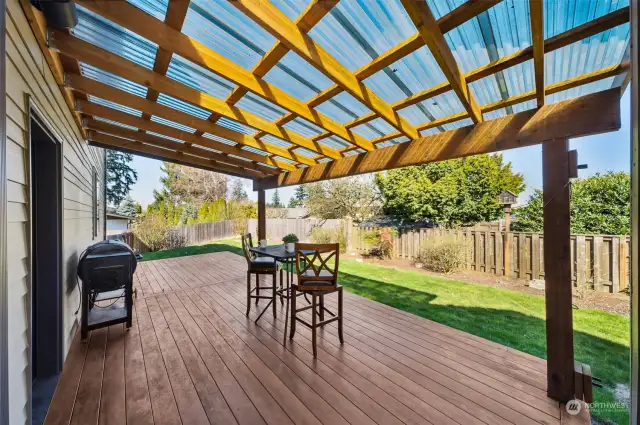 Step onto the expansive partially covered deck, overlooking the backyard, and providing the perfect setting for outdoor enjoyment, whether rain or shine, all year round.