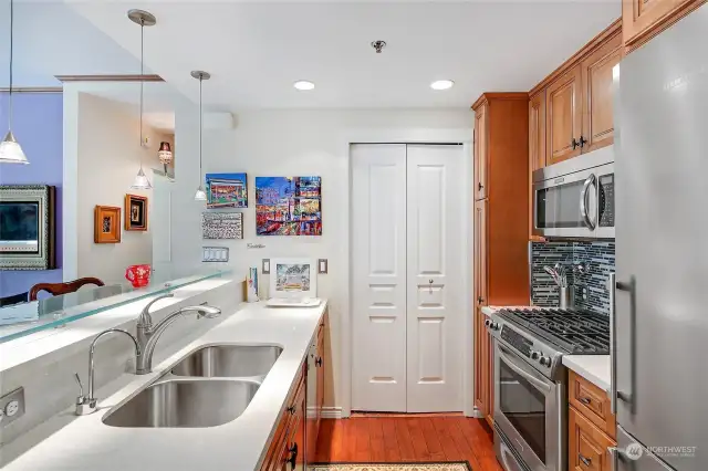 Pantry/laundry area off kithen has Bosch W/D and shelving for extra storage