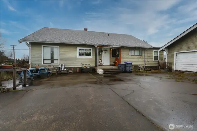 Side patio and additional off-street parking.