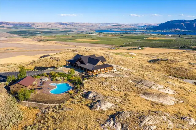 Aerial view of the community lodge and pool