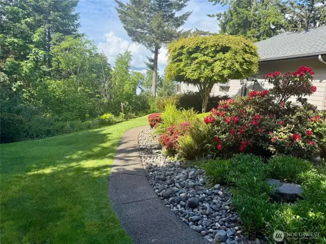 The sidewalk from the garage leads to backyard and patio and has beautiful blooms along the way most of the year.
