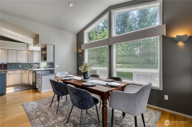The dining area flows nicely from the living part of the great room to the kitchen.