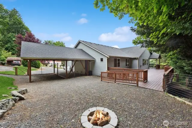 Back of home showing wide recreation area, flat, level access to one level living,