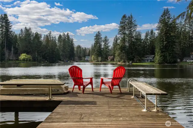 Lakeside recreation area with fire pit, built in seating, picnic area, and pier dock.