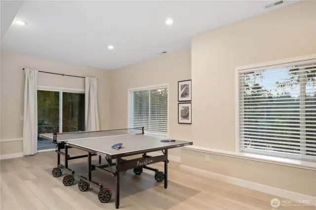 Lower level flex space with soaring 10 foot ceilings and views of the lake below