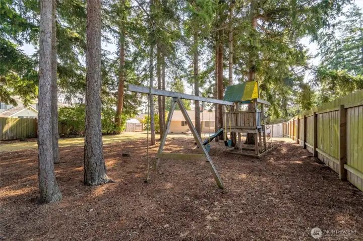 Fully fenced backyard on.3 acre lot