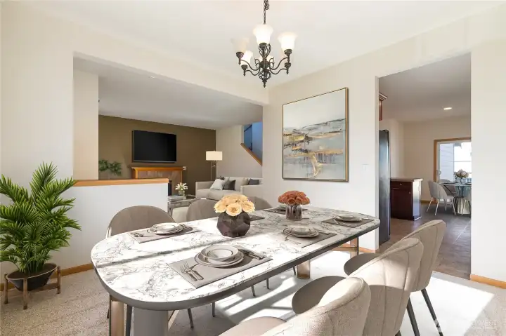 Virtually staged formal dining looking towards kitchen to right and living area straight ahead