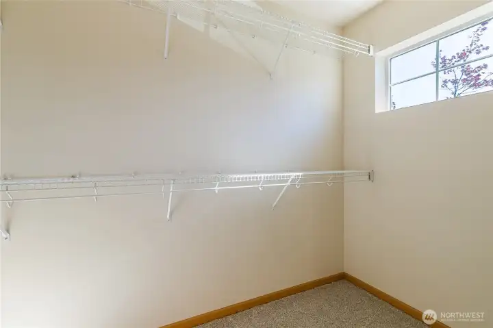 Primary walk in closet is bathed in sunlight