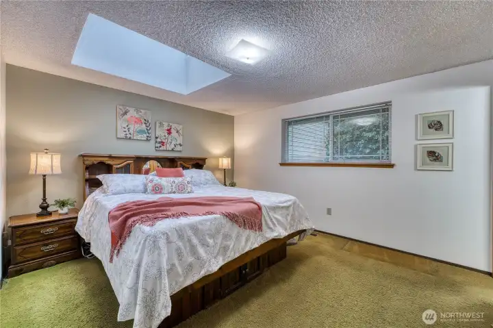 Primary suite is spacious with a large skylight.