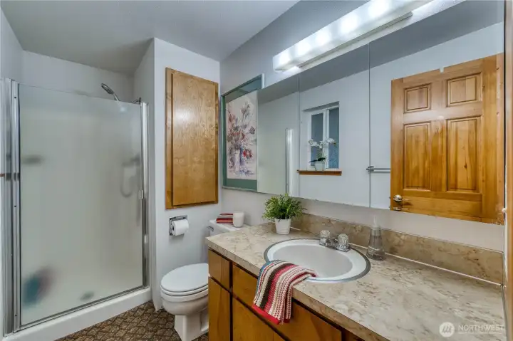 3/4 bath in the primary bedroom.