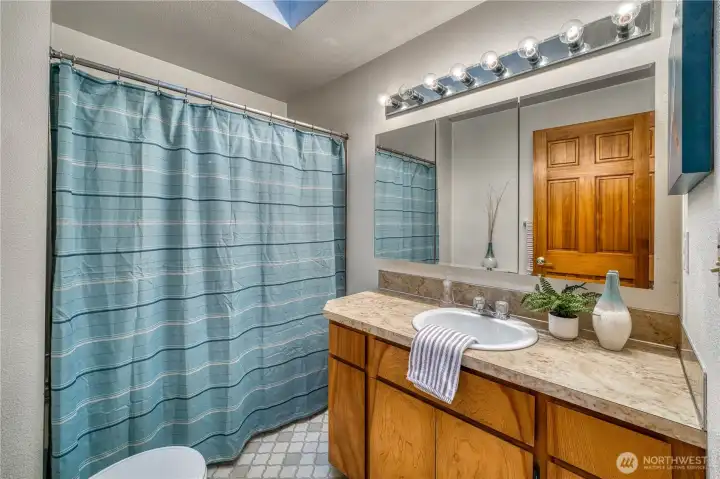Full guest bathroom with another skylight.