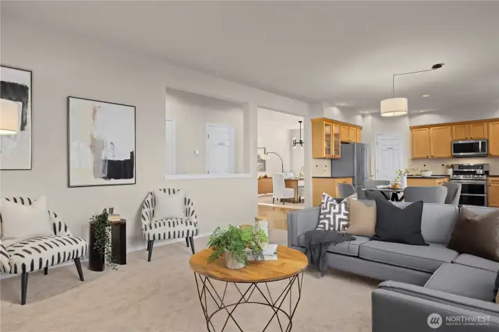 Family room, kitchen and dining flow well