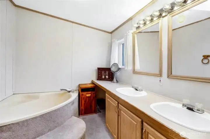 Here you have your own exquisite soaking tub in the primary bathroom with easy, carpeted access into it! Treat yourself to a spa bath!