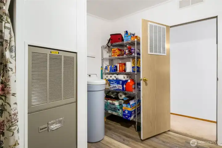 The utility room houses the water softener. Shelving fits nicely behind the door.  (Shelving does not stay.)