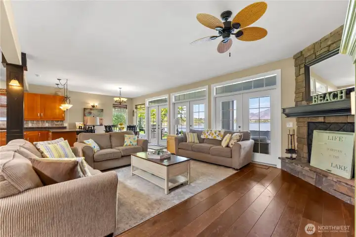 Open floor plan  Great room looking toward Lake