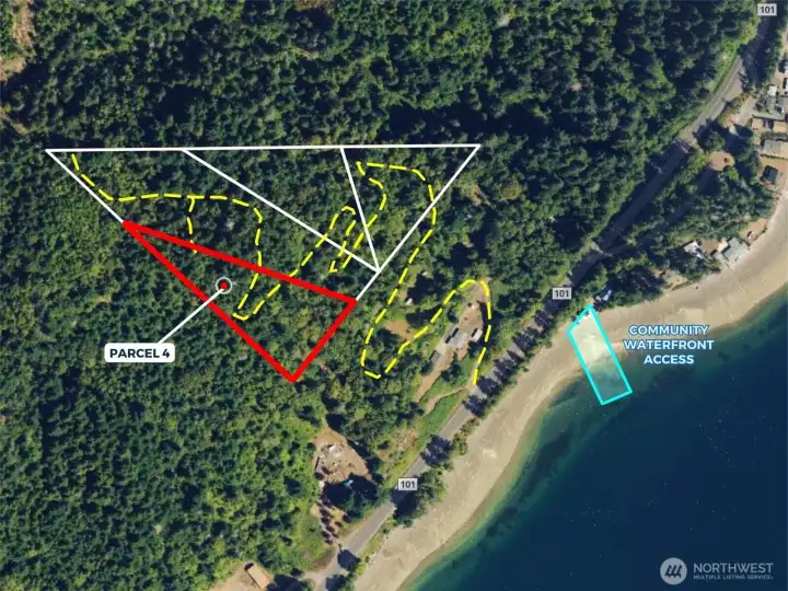 Overhead view with approximate boundaries of subject property in red and yellow dotted lines represents approximate access route.