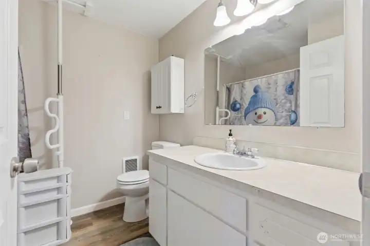 Hallway guest bathroom. Safety handrail can be removed.