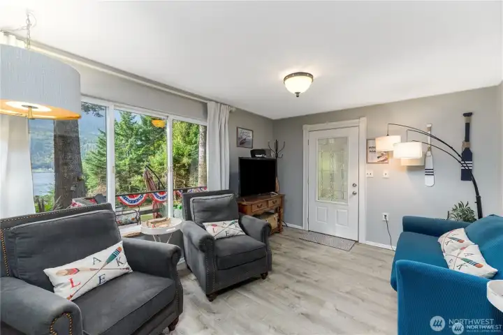 Main living area with woodburning stove
